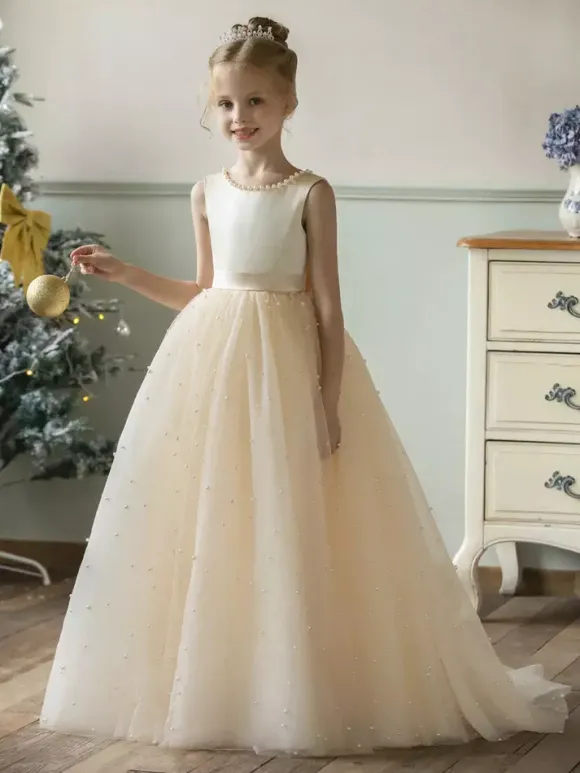 Wedding Flower Girl Dresses Special Occasion Dresses Champagne Sleeveless Pearls