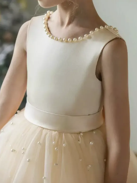 Wedding Flower Girl Dresses Special Occasion Dresses Champagne Sleeveless Pearls
