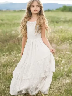 Wedding Flower Girl Dresses Special Occasion Dresses Ecru White Sleeveless Tiered