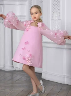 Wedding Flower Girl Dresses Special Occasion Dresses Pink Long Sleeves Applique