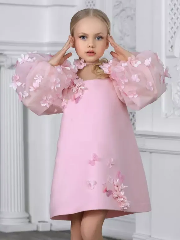 Wedding Flower Girl Dresses Special Occasion Dresses Pink Long Sleeves Applique