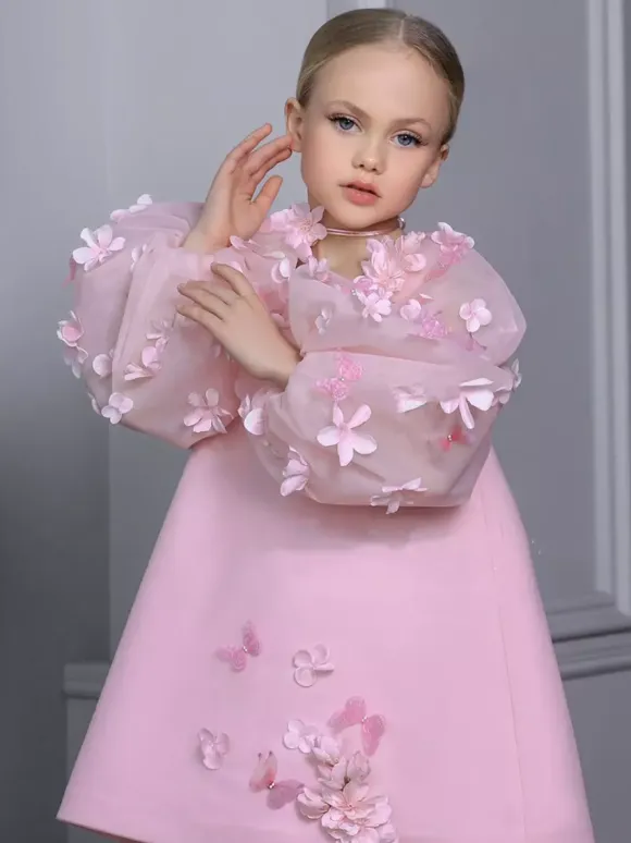 Wedding Flower Girl Dresses Special Occasion Dresses Pink Long Sleeves Applique