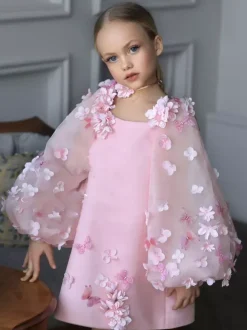 Wedding Flower Girl Dresses Special Occasion Dresses Pink Long Sleeves Applique