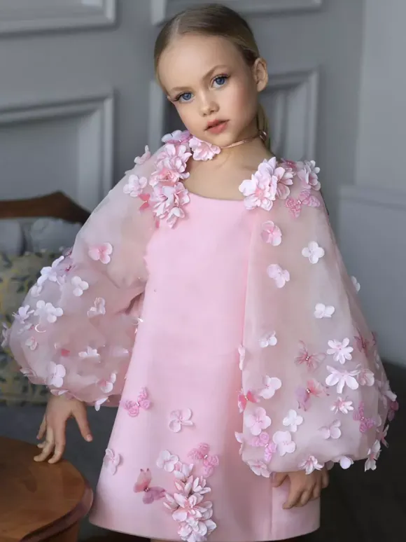 Wedding Flower Girl Dresses Special Occasion Dresses Pink Long Sleeves Applique
