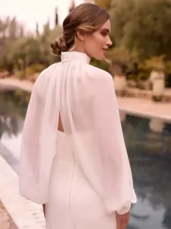 Wedding Wraps Ivory Long Sleeves High Collar Lantern Sleeve Chiffon Pleated Buttons Pearls Bridal Cover Up