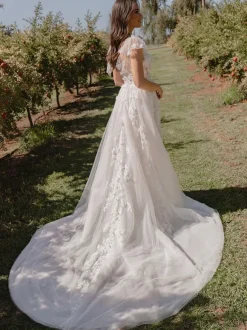 Wedding Dress Court Train A-Line Sleeveless Lace V-Neck Bridal Gowns