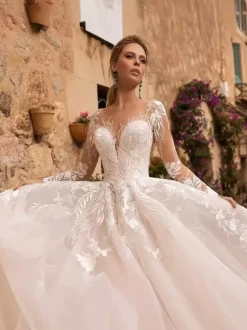 Wedding Dress Designed Neckline Long Sleeves With Train Tulle Bridal Gowns