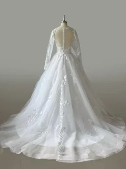 Wedding Dress Designed Neckline Long Sleeves With Train Tulle Bridal Gowns