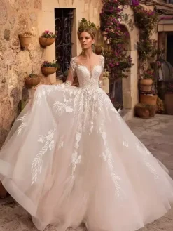 Wedding Dress Designed Neckline Long Sleeves With Train Tulle Bridal Gowns