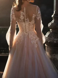 Wedding Dresses 2026 A Line Illusion Neck Long Sleeve Floor Length Tulle Pleated Bridal Dress With Train