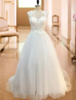 Wedding Dresses 2026 A Line Illusion Neck Sleeveless Floor Length Lace Beaded Tulle Boho Bridal Gowns