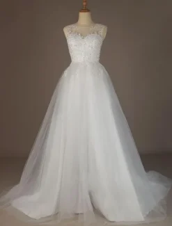 Wedding Dresses 2026 A Line Illusion Neck Sleeveless Floor Length Lace Beaded Tulle Boho Bridal Gowns