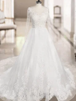 Wedding Dresses 2026 A Line V Neck Long Sleeve Lace Applique Tulle Bridal Gowns With Chapel Train