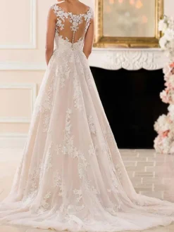 Wedding Dresses A Line V Neck Sleeveless Lace Illusion Back Bridal Gowns