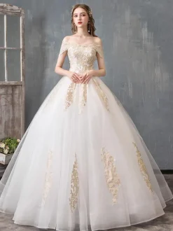 Wedding Dresses 2026 Ball Gown Off Shoulder Golden Lace Appliqued Floor Length Bridal Dress