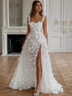 Wedding Dress Sweep A-Line Sleeveless Lace Designed Neckline Bridal Gowns