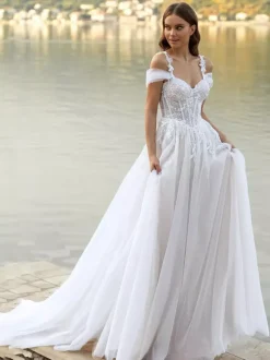 Wedding Dress With Train A-Line Short Sleeves Lace V-Neck Bridal Dresses