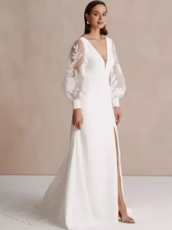 Wedding Dress With Train Ball Gown Long Sleeves Lace V-Neck Bridal Gowns