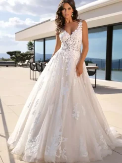 Wedding Dress With Train Princess Silhouette Sleeveless Lace V-Neck Bridal Gowns