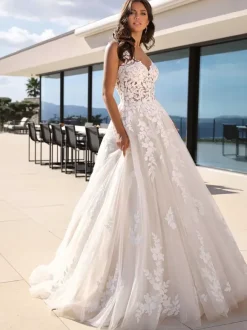 Wedding Dress With Train Princess Silhouette Sleeveless Lace V-Neck Bridal Gowns