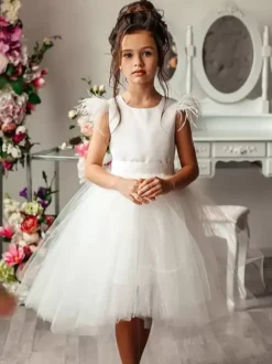Wedding Flower Girl Dresses Special Occasion Dresses Ivory Sleeveless Feathers