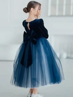 Wedding Flower Girl Dresses Special Occasion Dresses Dark Navy Long Sleeves Bows