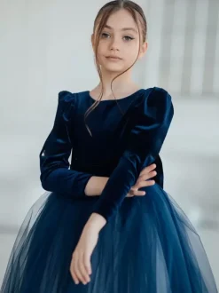 Wedding Flower Girl Dresses Special Occasion Dresses Dark Navy Long Sleeves Bows