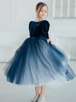 Wedding Flower Girl Dresses Special Occasion Dresses Dark Navy Long Sleeves Bows