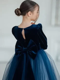 Wedding Flower Girl Dresses Special Occasion Dresses Dark Navy Long Sleeves Bows