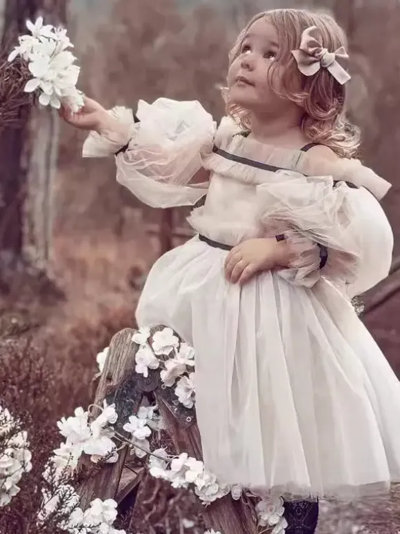 Wedding Flower Girl Dresses Special Occasion Dresses Nude Long Sleeves Ruffles