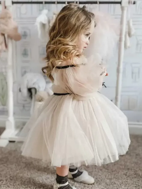 Wedding Flower Girl Dresses Special Occasion Dresses Nude Long Sleeves Ruffles