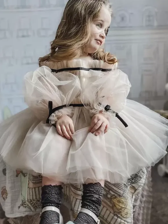 Wedding Flower Girl Dresses Special Occasion Dresses Nude Long Sleeves Ruffles
