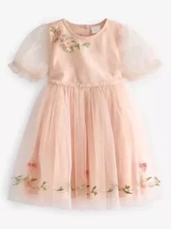 Wedding Flower Girl Dresses Special Occasion Dresses Soft Pink Short Sleeves Embroidered