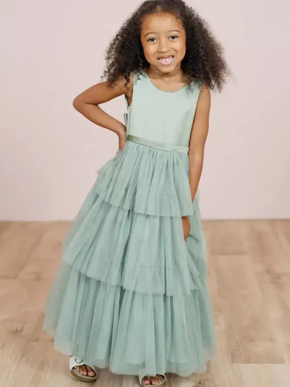 Wedding Party Dresses Wedding Sweet Dinner Dresses Flower Girl Dress Flower Girl Dresses Sleeveless Tiered Bows Blue Green