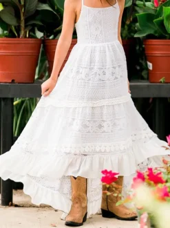 White Boho Lace Flower Girl Dress Stripes Neck Sleeveless Floor Length A-Line Kids Social Party Dresses