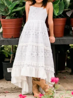 White Boho Lace Flower Girl Dress Stripes Neck Sleeveless Floor Length A-Line Kids Social Party Dresses