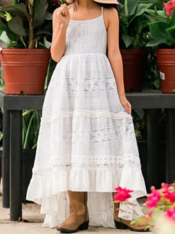 White Boho Lace Flower Girl Dress Stripes Neck Sleeveless Floor Length A-Line Kids Social Party Dresses