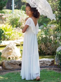 White Boho Lace Flower Girl Dress V-Neck Short Sleeves Floor-Length A-Line Applique Kids Social Party Dresses
