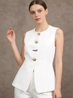 White Cami Top Jewel Neck Buttons Chic Camis For Women