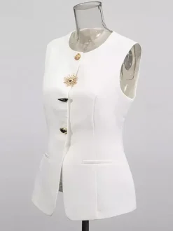White Cami Top Jewel Neck Buttons Chic Camis For Women