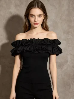 White Cami Top Off-The-Shoulder Pleated Ruffles Chic Camis For Women