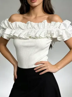 White Cami Top Off-The-Shoulder Pleated Ruffles Chic Camis For Women