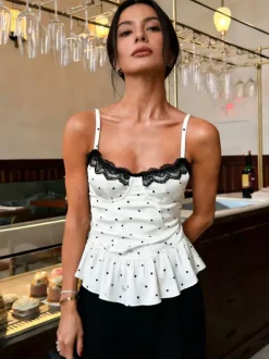 White Cami Top Straps Neck Polka Dot Casual Sleeveless Women Summer Camis