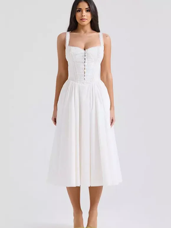 White Corset Dress Cutout Wide Strap Lace Trim Backless Cottagecore Midi Dresses