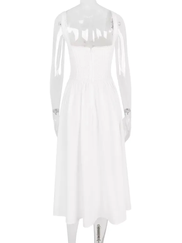 White Corset Dress Cutout Wide Strap Lace Trim Backless Cottagecore Midi Dresses
