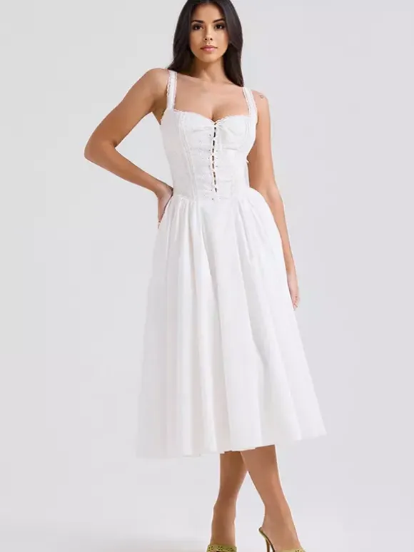 White Corset Dress Cutout Wide Strap Lace Trim Backless Cottagecore Midi Dresses