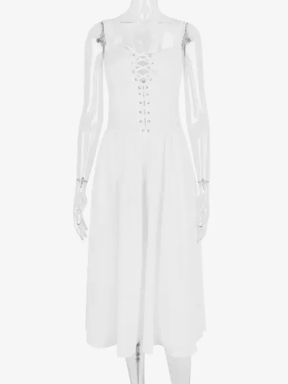 White Corset Dress Cutout Wide Strap Lace Trim Backless Cottagecore Midi Dresses