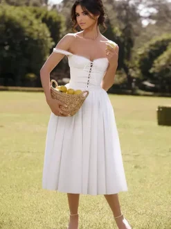 White Corset Dress Cutout Wide Strap Lace Trim Backless Cottagecore Midi Dresses