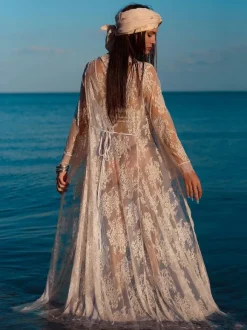 White Cover Ups Lace Long Sleeves Bridal Nightgown Beach Vacation Bohemian Long Dress For Women