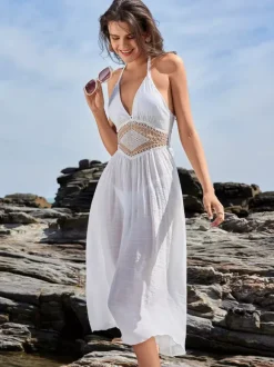 White Cover-up Midi Dress With Halter Neck For Summer Beach 2026